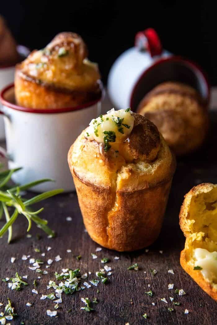 Salted Rosemary Popovers with Honey Butter | halfbakedharvest.com overhead photo of Salted Rosemary Popovers with Honey Butter