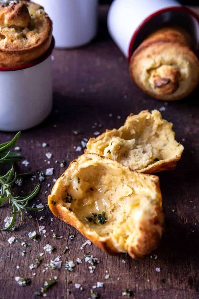 Salted Rosemary Popovers with Honey Butter | halfbakedharvest.com Salted Rosemary Popovers with Honey Butter broken in half