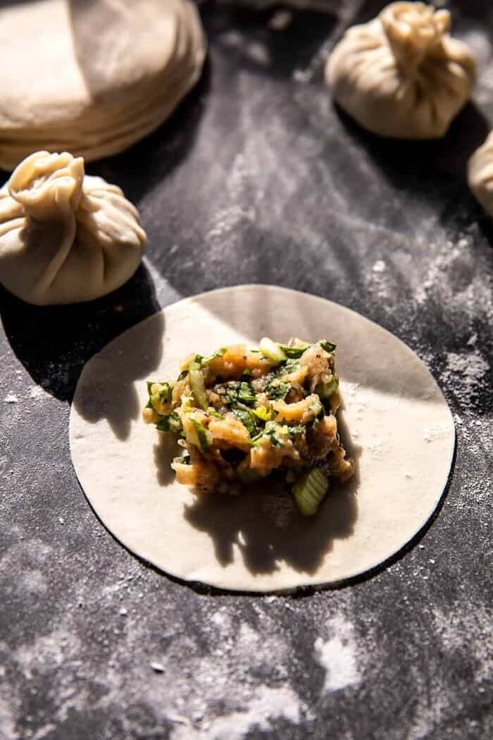 Sesame Chicken Dumplings in Spicy Broth with Garlic Crisps | halfbakedharvest.com prep photo of dumpling filling