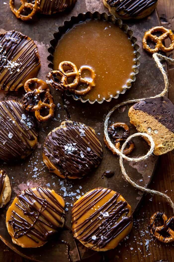 overhead photo of Slice n’ Bake Bourbon Caramel Pretzel Cookies