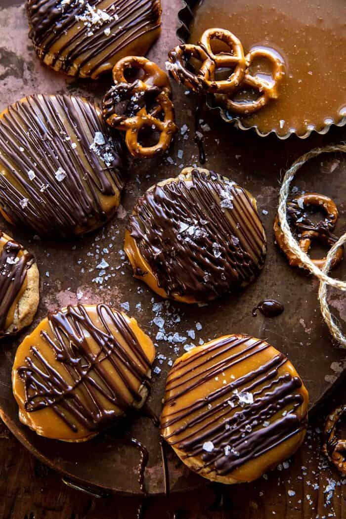 overhead photo of Slice n’ Bake Bourbon Caramel Pretzel Cookies 