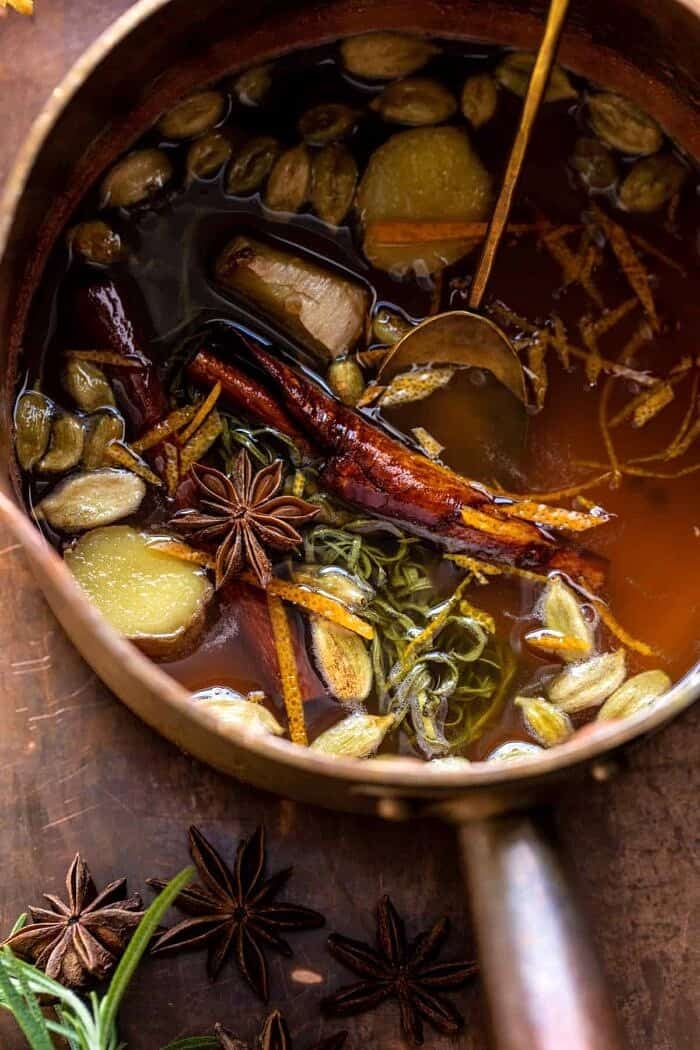 Spiced Honey Bourbon Old Fashioned | halfbakedharvest.com overhead photo of Spiced Honey syrup
