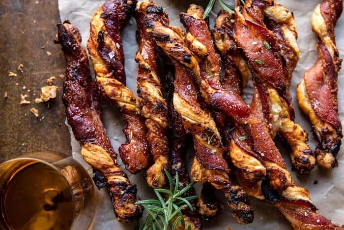 overhead horizontal photo of Sweet and Savory Cheesy Bacon Wrapped Puff Pastry Twist