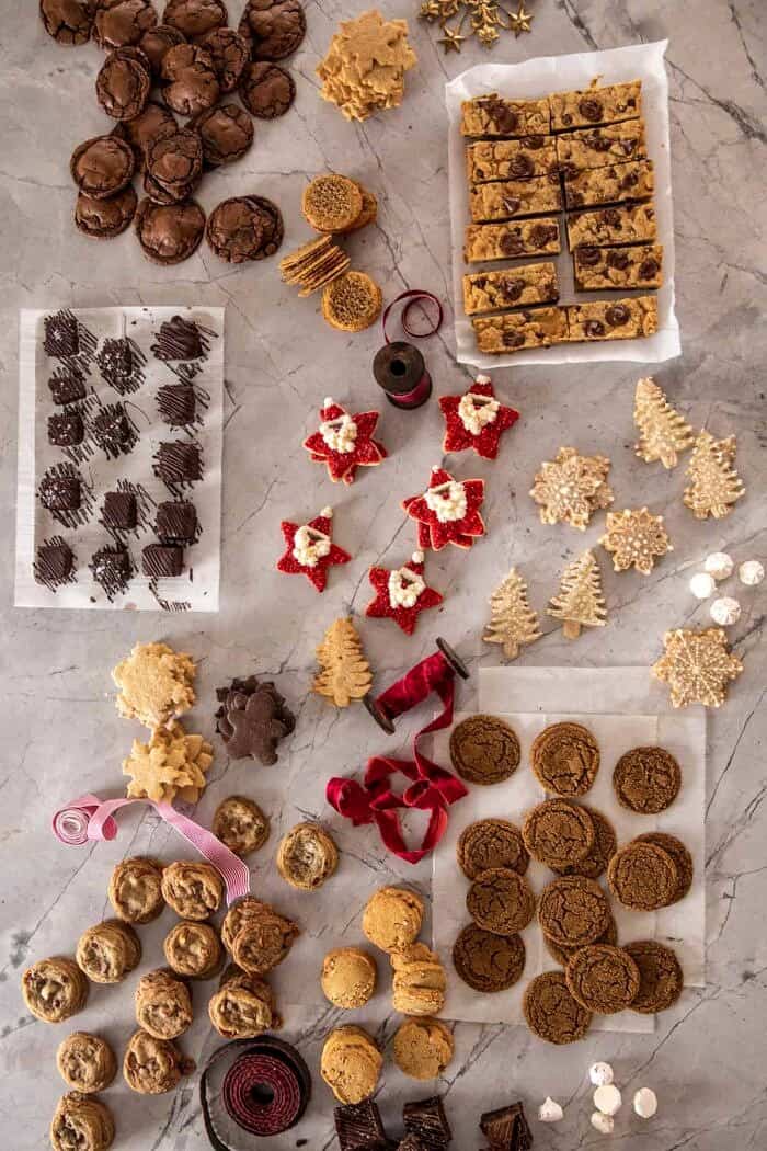 2020 Holiday Cookie Box | halfbakedharvest.com overhead prep photo of all the cookies on the counter