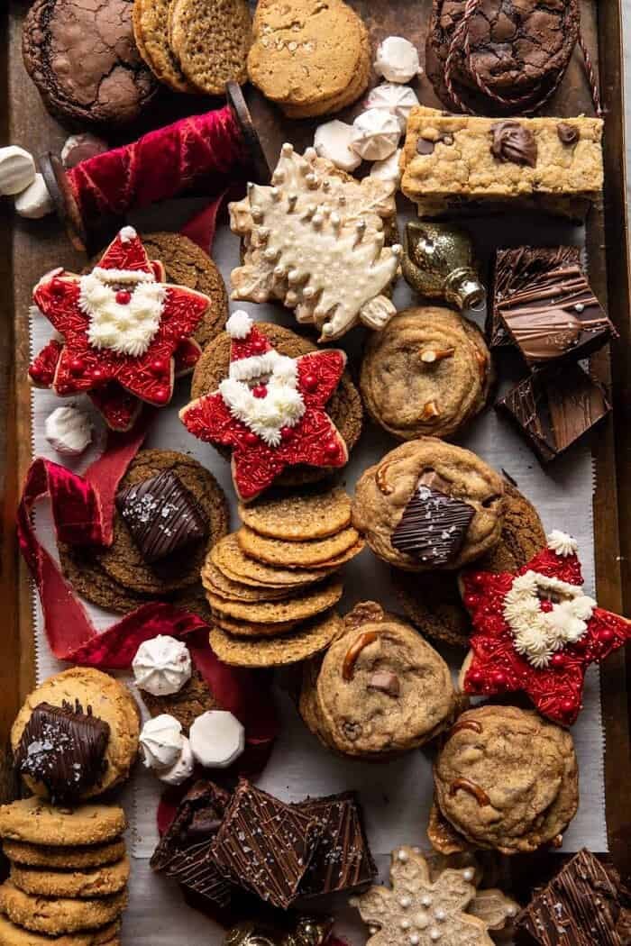 2020 Holiday Cookie Box | halfbakedharvest.com overhead prep photo of all the cookies on a trey