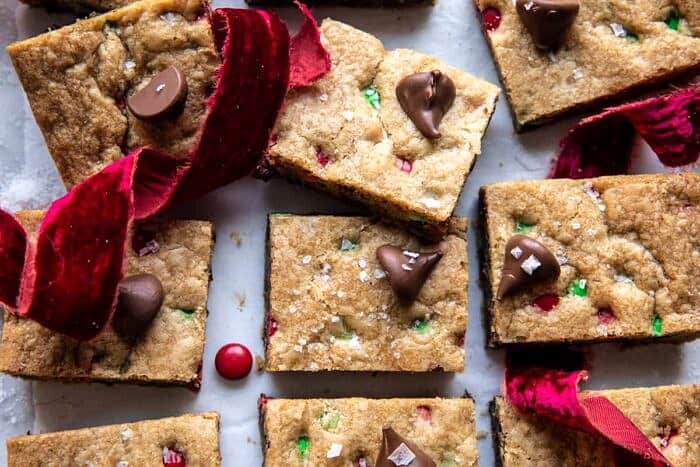 overhead horizontal photo of Brown Butter Christmas M&M Cookie Bars 