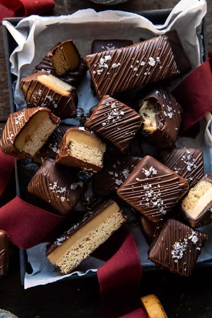 overhead photo of Chocolate Covered Brown Butter Millionaire’s Bars 