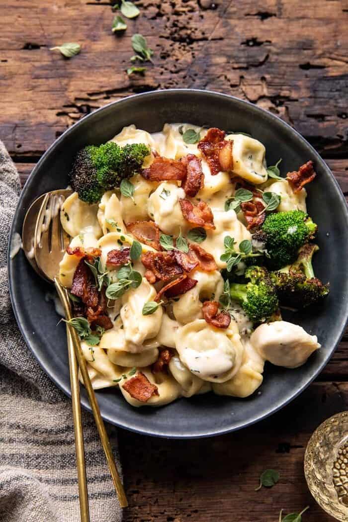 Creamy Bacon Tortellini with Charred Broccoli | halfbakedharvest.com overhead photo of Creamy Bacon Tortellini with Charred Broccoli