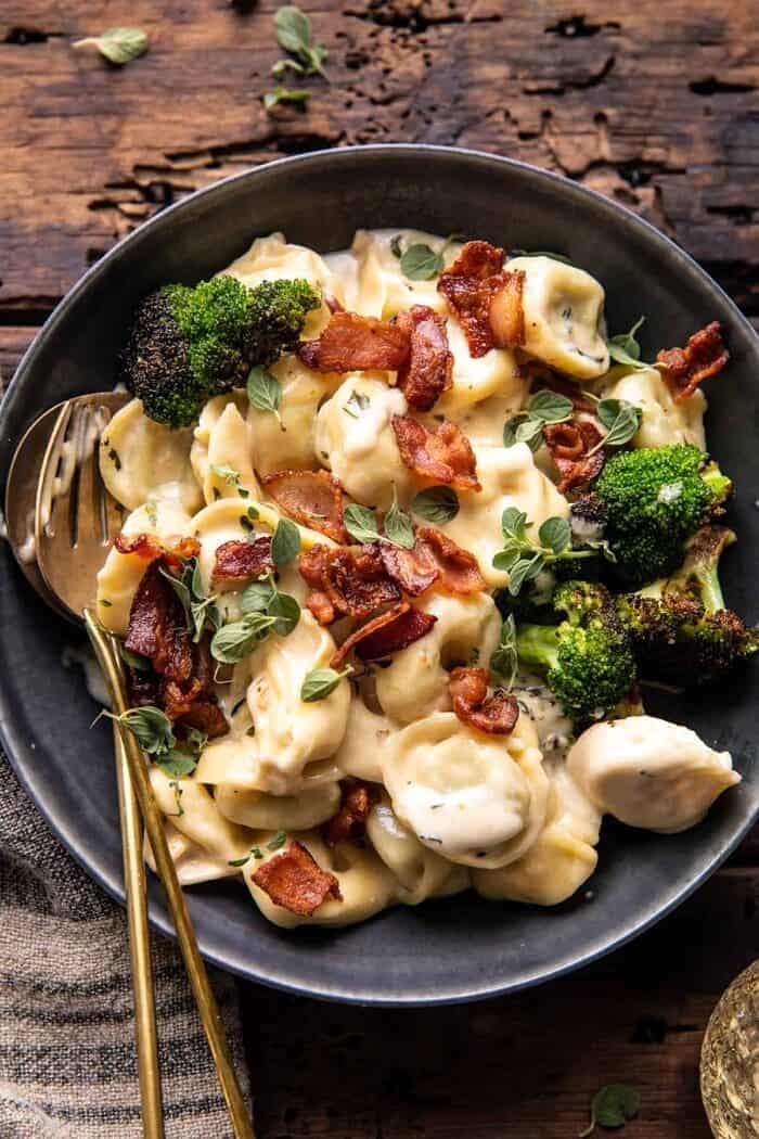 Creamy Bacon Tortellini with Charred Broccoli | halfbakedharvest.com overhead close up photo of Creamy Bacon Tortellini with Charred Broccoli