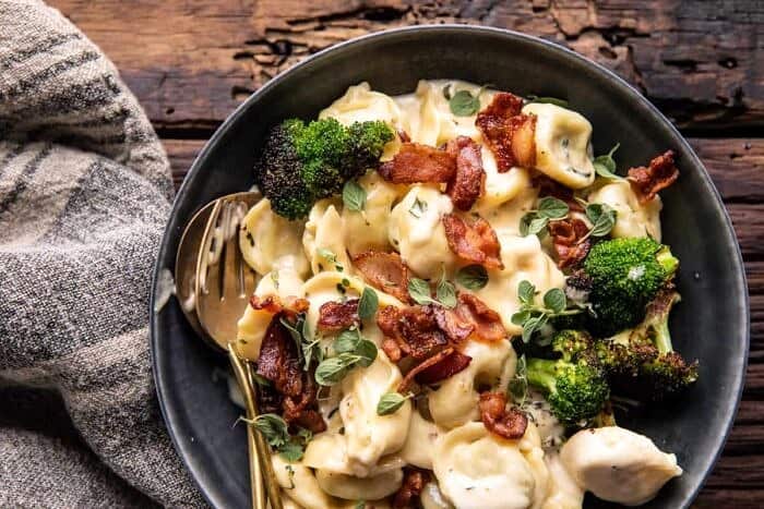 Creamy Bacon Tortellini with Charred Broccoli | halfbakedharvest.com overhead horizontal photo of Creamy Bacon Tortellini with Charred Broccoli