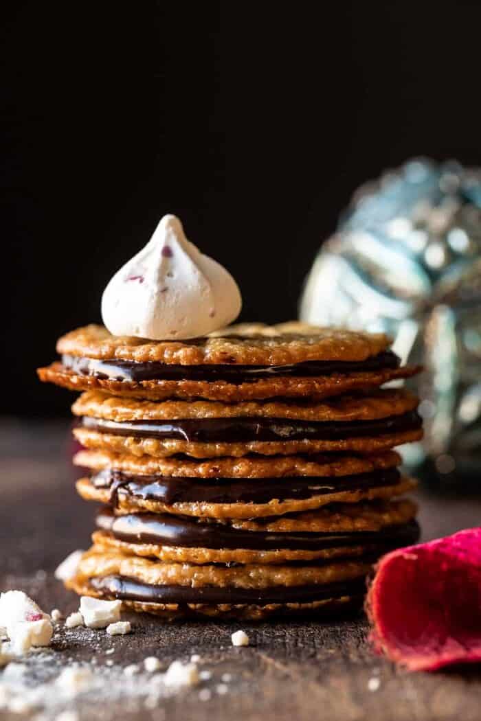 Easy Hot Chocolate Lace Cookies | halfbakedharvest.com close up photo of Easy Hot Chocolate Lace Cookie