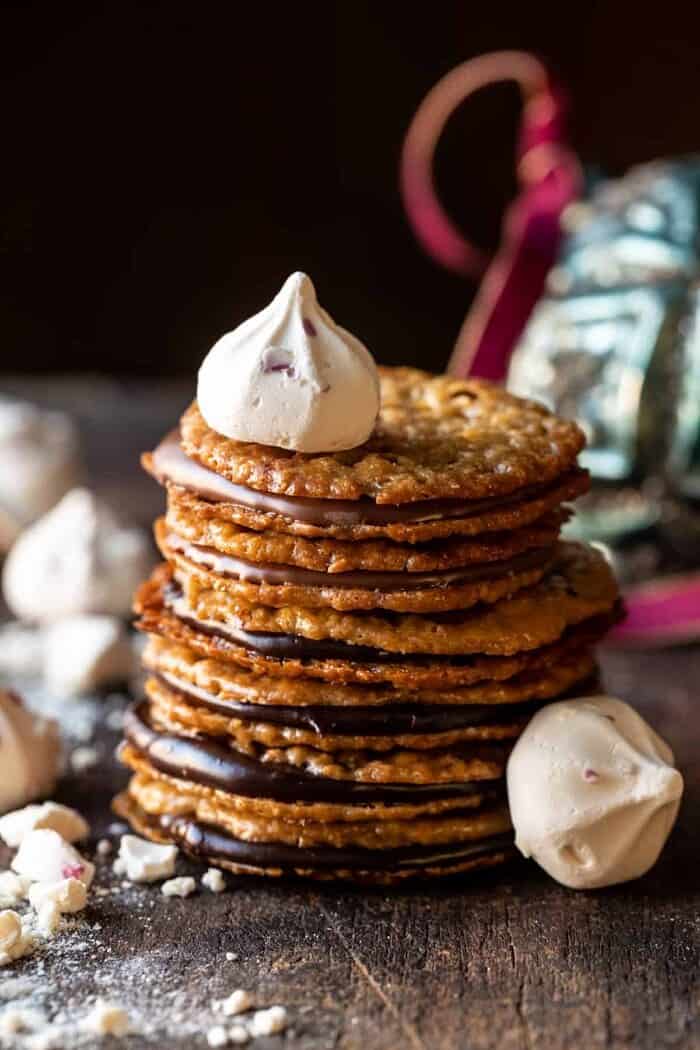 Easy Hot Chocolate Lace Cookies | halfbakedharvest.com front on close up photo of of Easy Hot Chocolate Lace Cookies