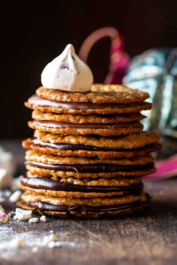 Easy Hot Chocolate Lace Cookies | halfbakedharvest.com front on close up photo of Easy Hot Chocolate Lace Cookies