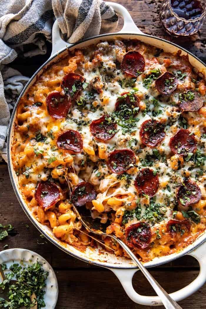 One Pot Spicy Alla Vodka Pizza Pasta | halfbakedharvest.com overhead photo of One Pot Spicy Alla Vodka Pizza Pasta
