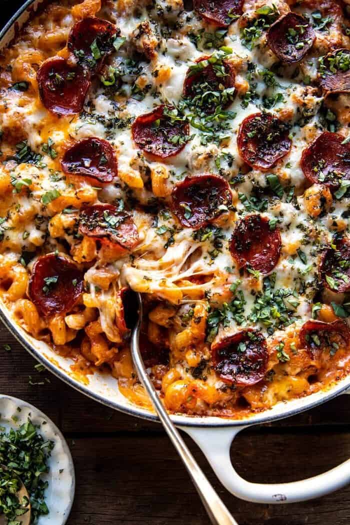 One Pot Spicy Alla Vodka Pizza Pasta | halfbakedharvest.com overhead close up photo of One Pot Spicy Alla Vodka Pizza Pasta