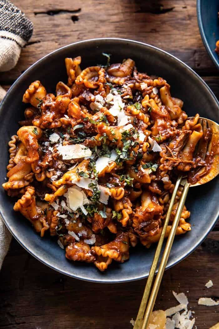 overhead close up photo of Slow Cooker Red Wine Braised Short Rib Pasta 