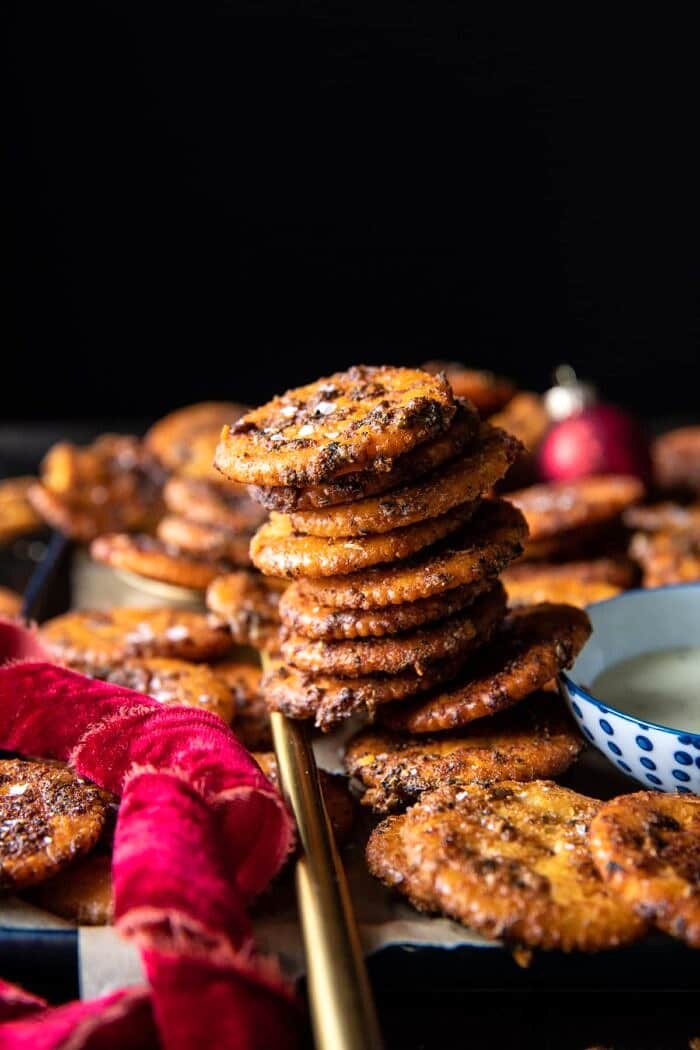 Sweet and Spicy Seasoned Crackers | halfbakedharvest.com side angled photo of Sweet and Spicy Seasoned Crackers