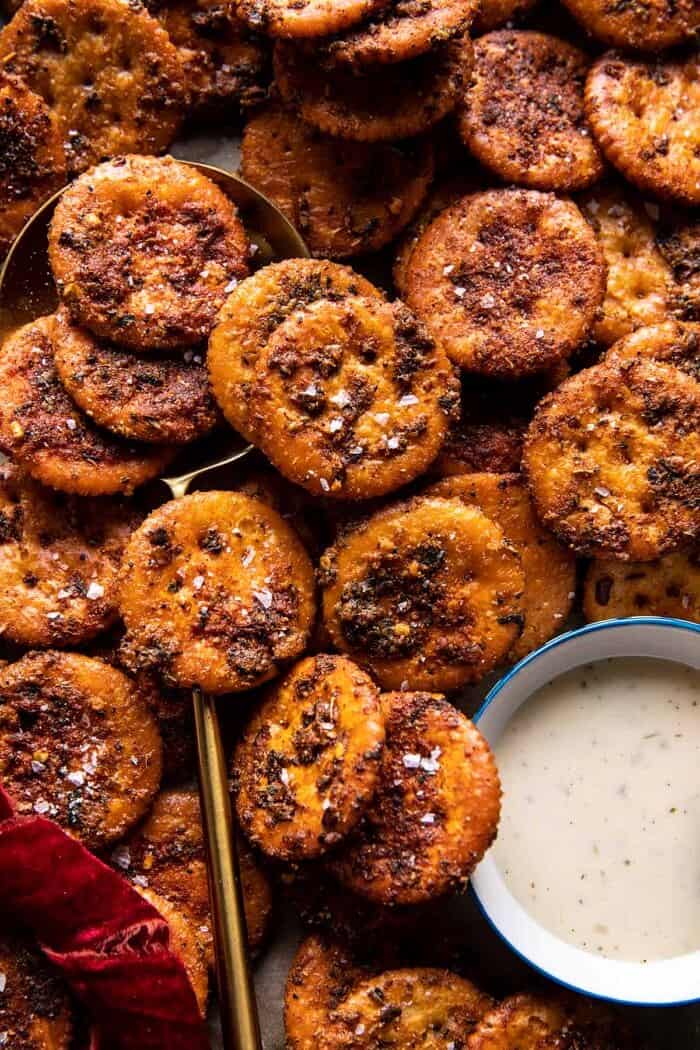 Sweet and Spicy Seasoned Crackers | halfbakedharvest.com overhead close up photo of Sweet and Spicy Seasoned Crackers