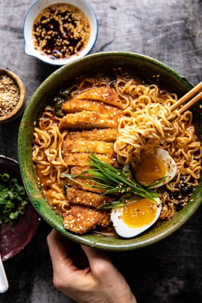 30 Minute Spicy Miso Chicken Katsu Ramen | halfbakedharvest.com overhead photo of 30 Minute Spicy Miso Chicken Katsu Ramen