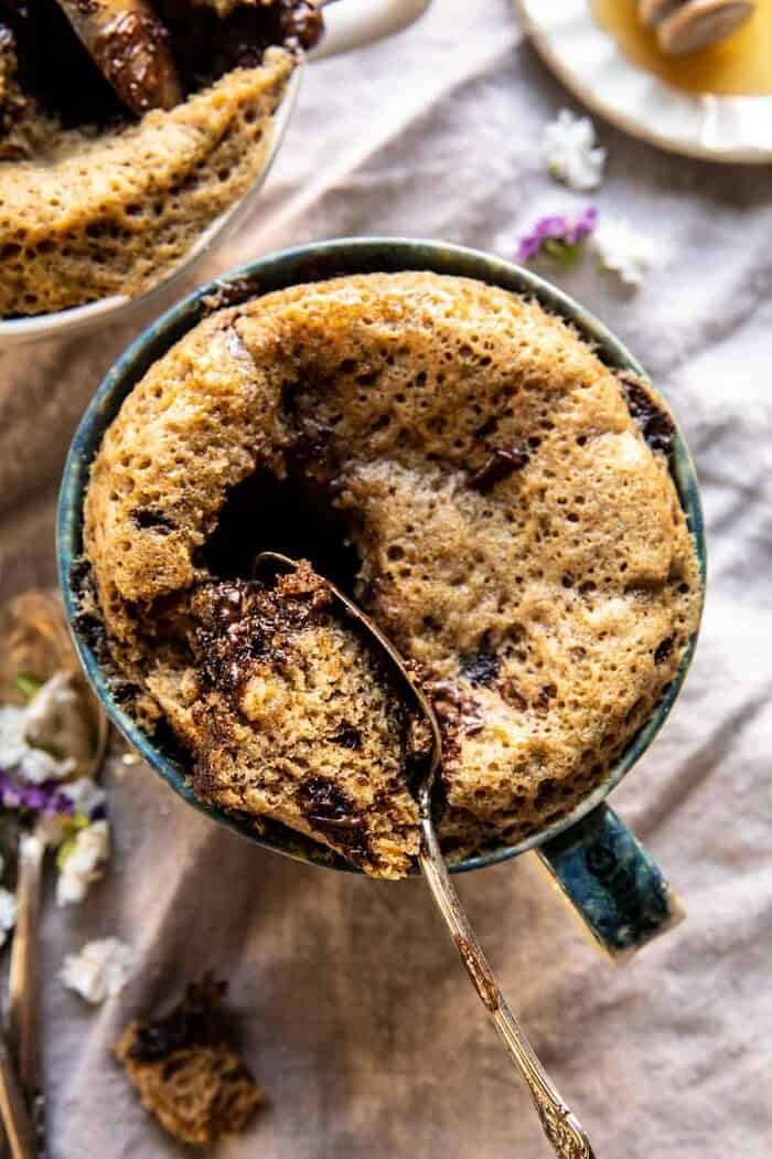 overhead photo of 5 Minute Chocolate Chunk Banana Bread Mug Cake