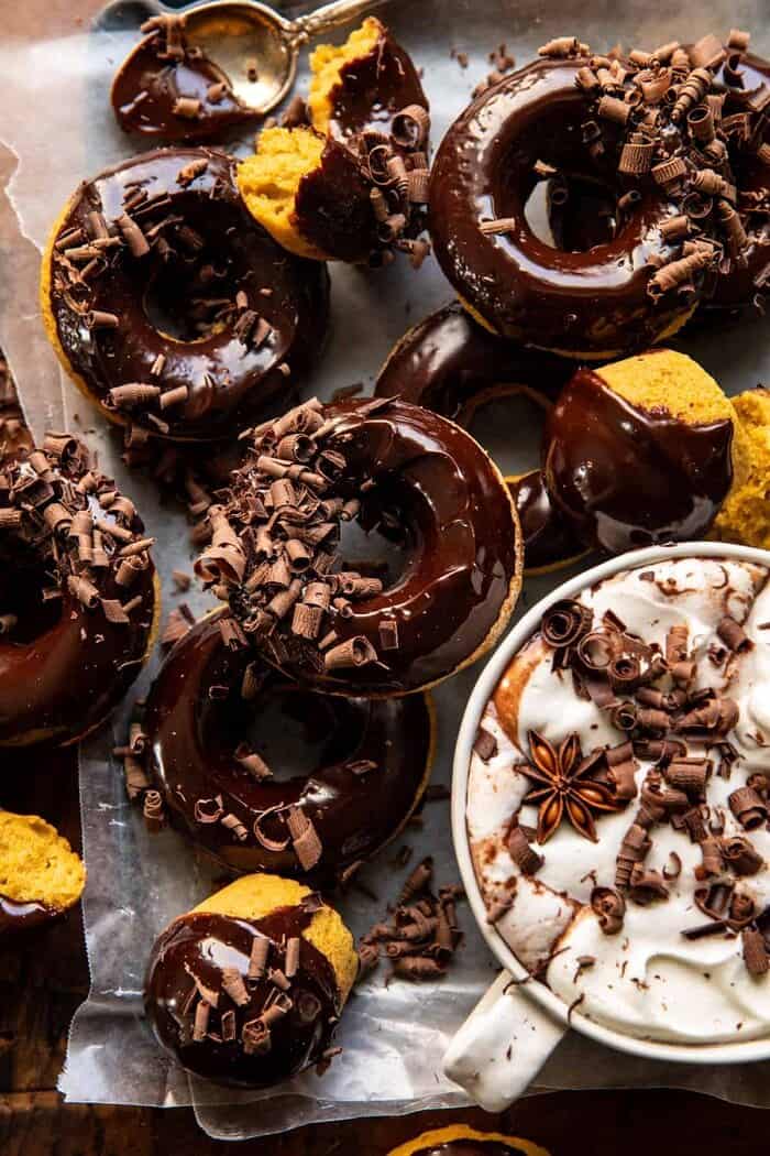 Baked Hot Chocolate Doughnuts | halfbakedharvest.com overhead photo of Baked Hot Chocolate Doughnuts