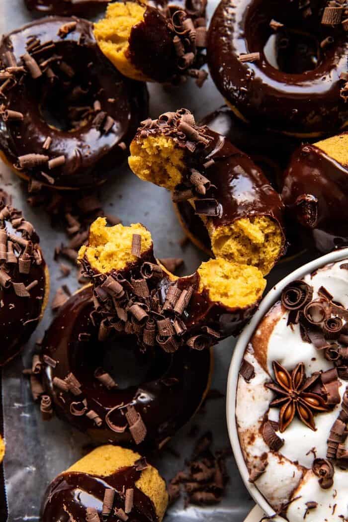 Baked Hot Chocolate Doughnuts | halfbakedharvest.com Baked Hot Chocolate Doughnut broken in half