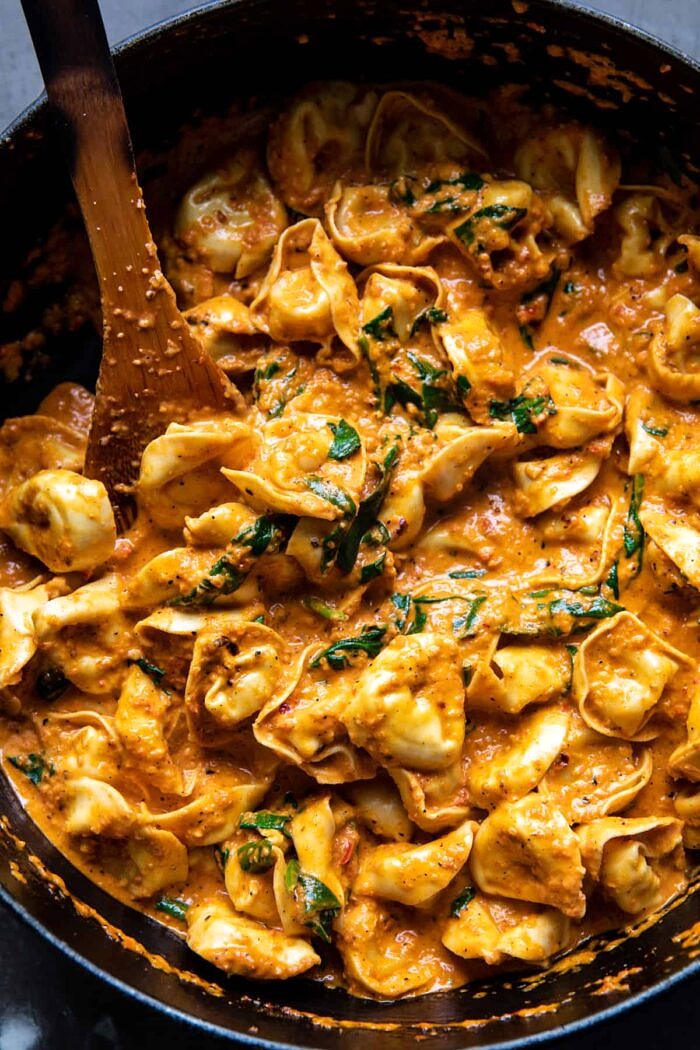 Creamy Roasted Red Pepper Tortellini in skillet 