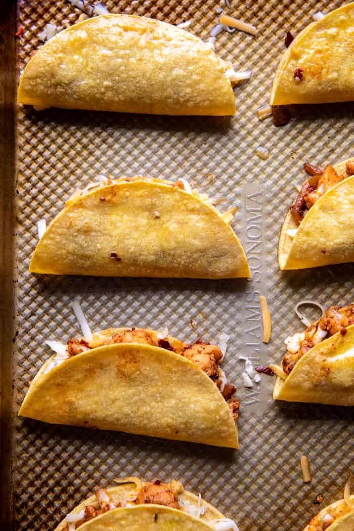 Crispy Cauliflower Tinga Tacos with Honey Lime Avocado Crema | halfbakedharvest.com prep photo of tacos before baking