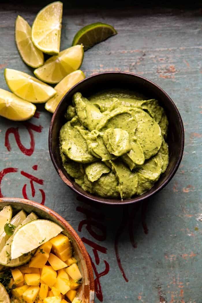 Crispy Cauliflower Tinga Tacos with Honey Lime Avocado Crema | halfbakedharvest.com overhead photo of Honey Lime Avocado Crema