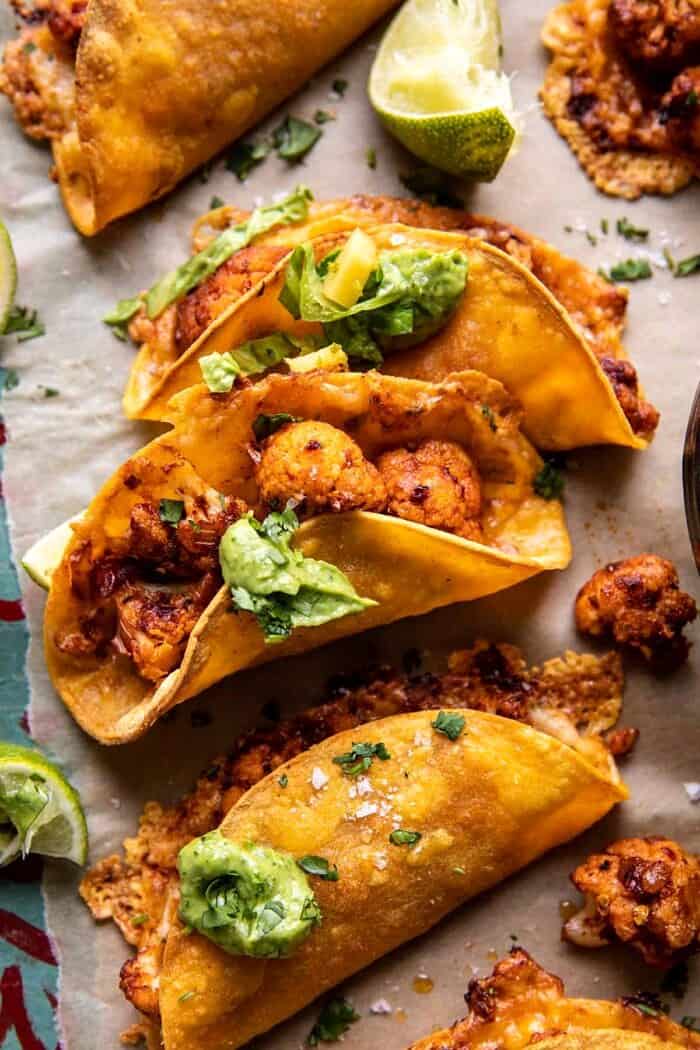 Crispy Cauliflower Tinga Tacos with Honey Lime Avocado Crema | halfbakedharvest.com overhead prep photo of Crispy Cauliflower Tinga Tacos with Honey Lime Avocado Crema