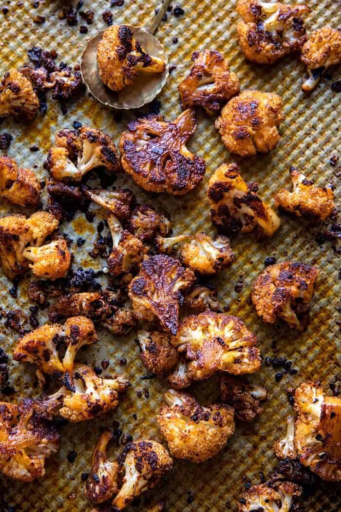 Crispy Roasted Cauliflower with Creamy Pesto Pasta | halfbakedharvest.com Crispy Roasted Cauliflower on baking sheet
