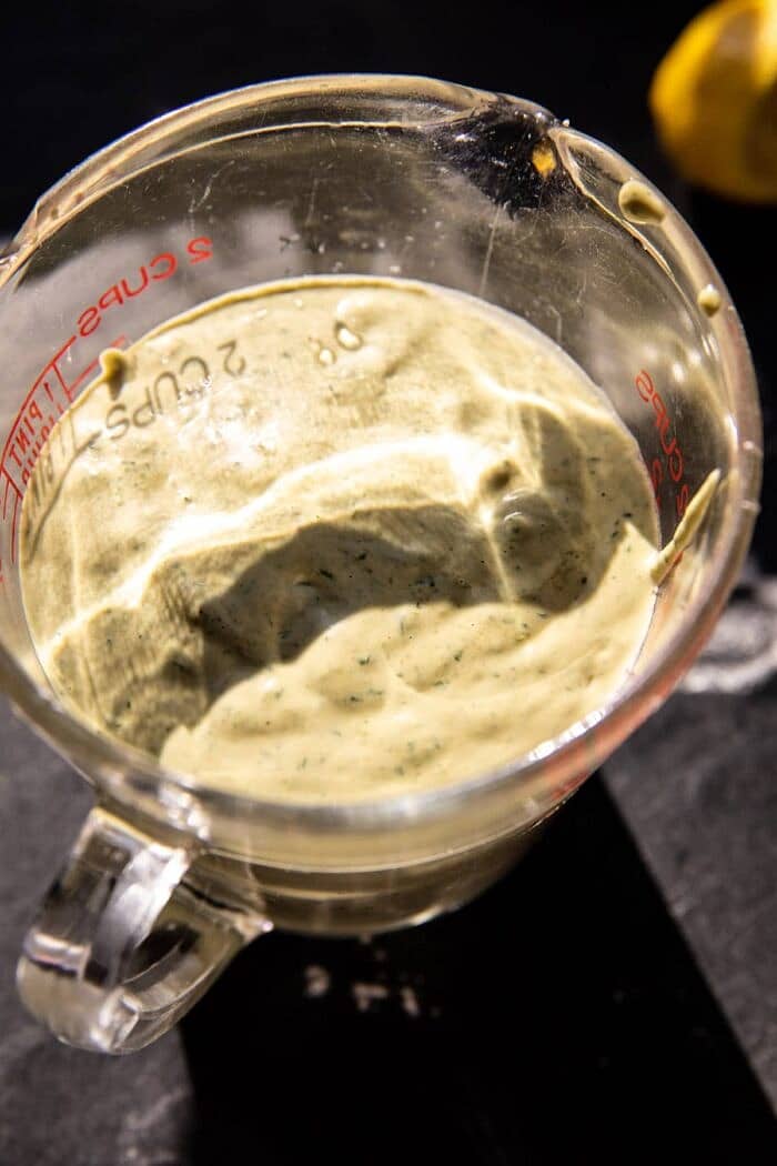 Crispy Sesame Falafel Melts with Garlicky Green Tahini | halfbakedharvest.com prep photo of Garlicky Green Tahini