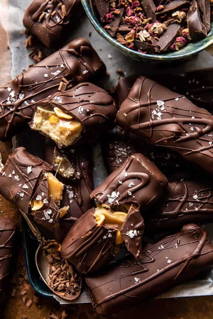 overhead photo of Easy Homemade Vegan Snickers 
