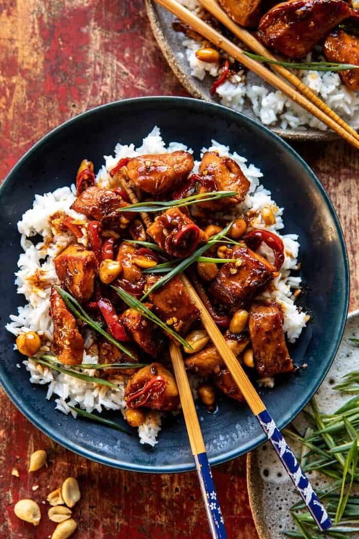 Healthier 25 Minute Kung Pao Chicken | halfbakedharvest.com overhead photo of Healthier 25 Minute Kung Pao Chicken