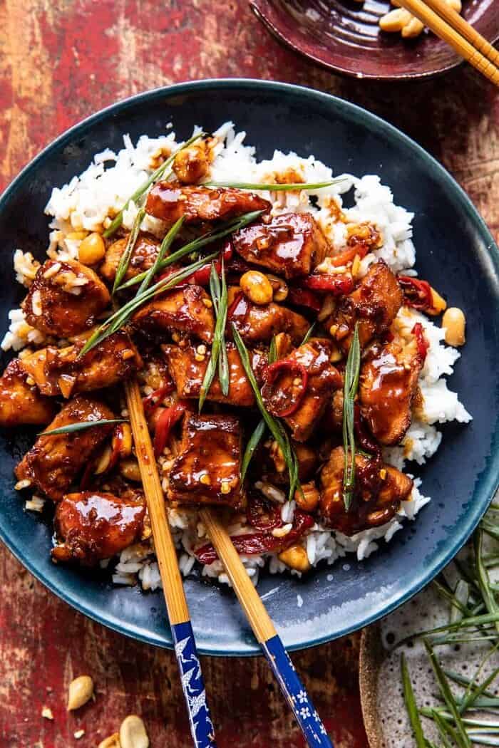 Healthier 25 Minute Kung Pao Chicken | halfbakedharvest.com overhead close up photo of Healthier 25 Minute Kung Pao Chicken