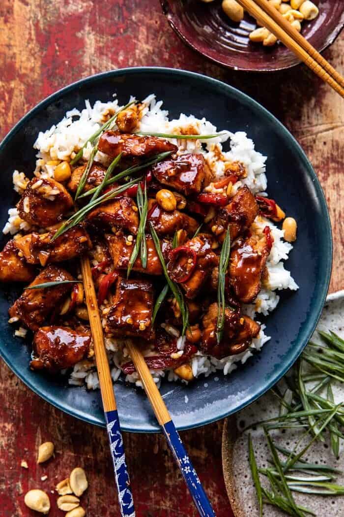 Healthier 25 Minute Kung Pao Chicken | halfbakedharvest.com overhead photo of Healthier 25 Minute Kung Pao Chicken