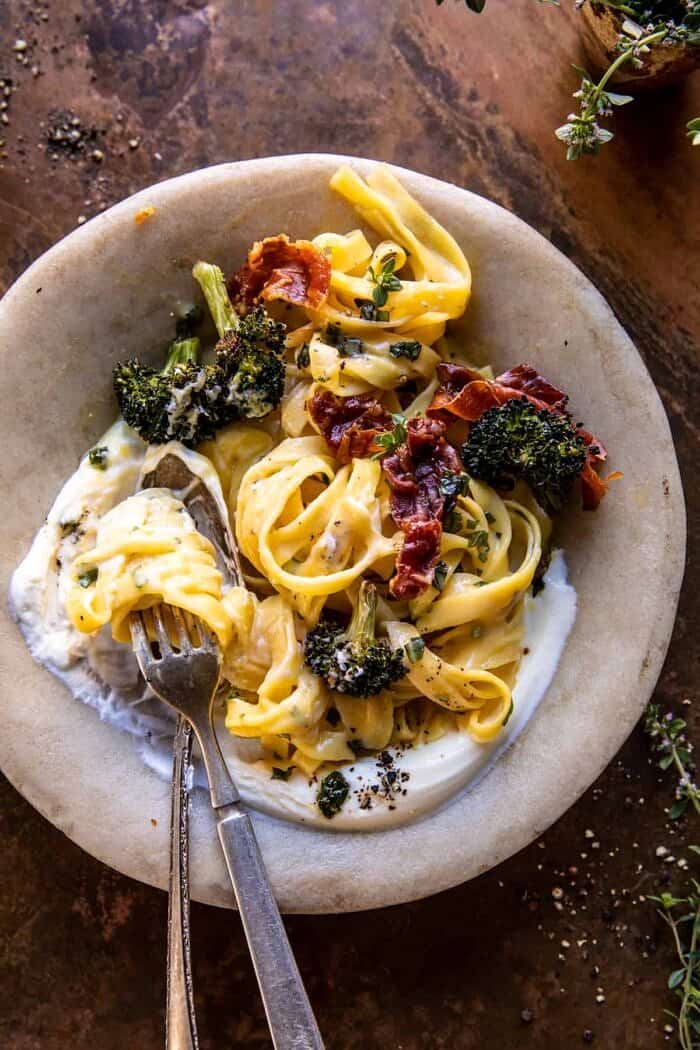 Roasted Broccoli Pasta Carbonara with Crispy Prosciutto and Whipped Ricotta | halfbakedharvest.com overhead photo of Roasted Broccoli Pasta Carbonara with Crispy Prosciutto and Whipped Ricotta