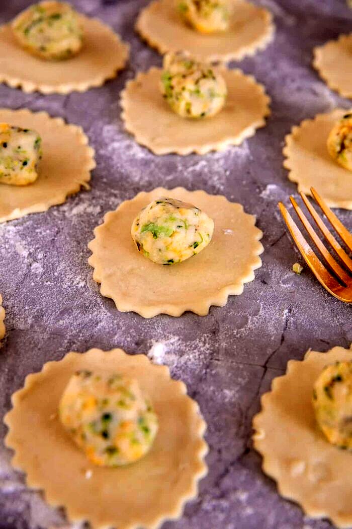 Broccoli Cheddar Potato Pierogi | halfbakedharvest.com prep photo of Broccoli Cheddar Potato Pierogi before boiling