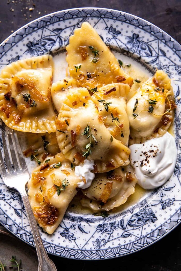 Broccoli Cheddar Potato Pierogi | halfbakedharvest.com overhead close up photo of Broccoli Cheddar Potato Pierogi
