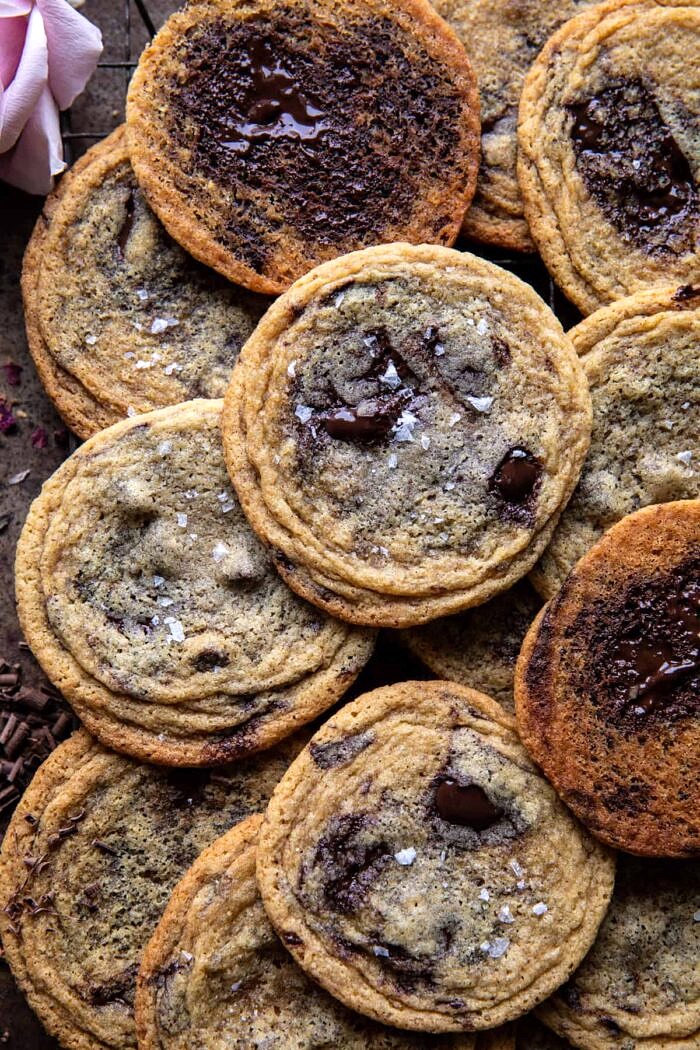 Brown Butter Malted Chocolate Chunk Cookies | halfbakedhavrest.com overhead photo of Brown Butter Malted Chocolate Chunk Cookies