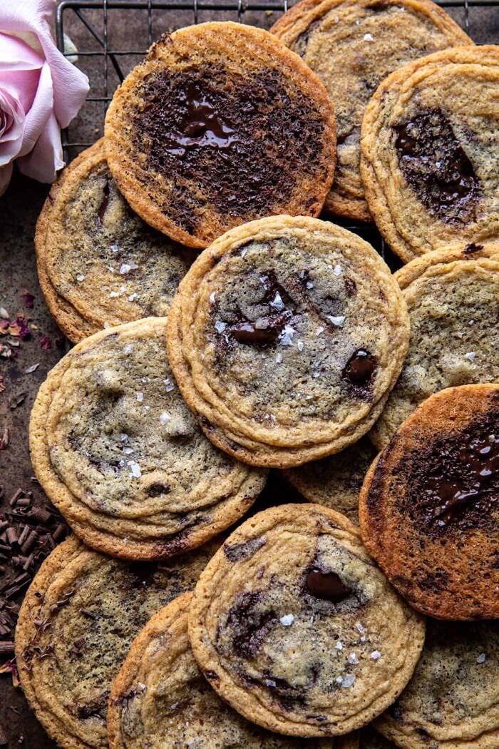 Brown Butter Malted Chocolate Chunk Cookies | halfbakedhavrest.com overhead photo of Brown Butter Malted Chocolate Chunk Cookies