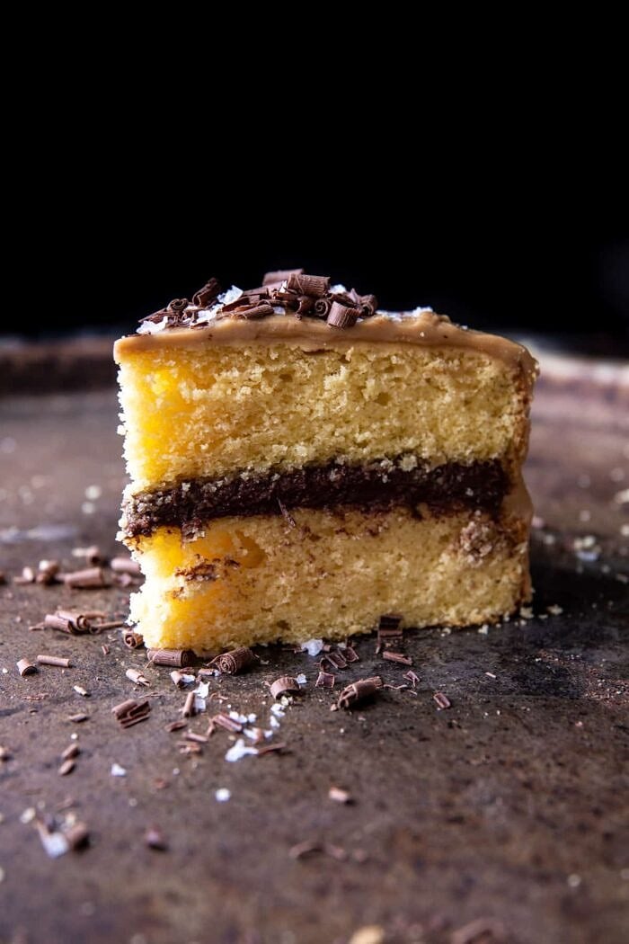 New! Old School style Caramel Butter Cake with Fudgy Chocolate Frosting. Every bite is sweet, salty, extra chocolatey, and truly delicious. Recipe: https://body-metrics.site/caramel-butter-cake/