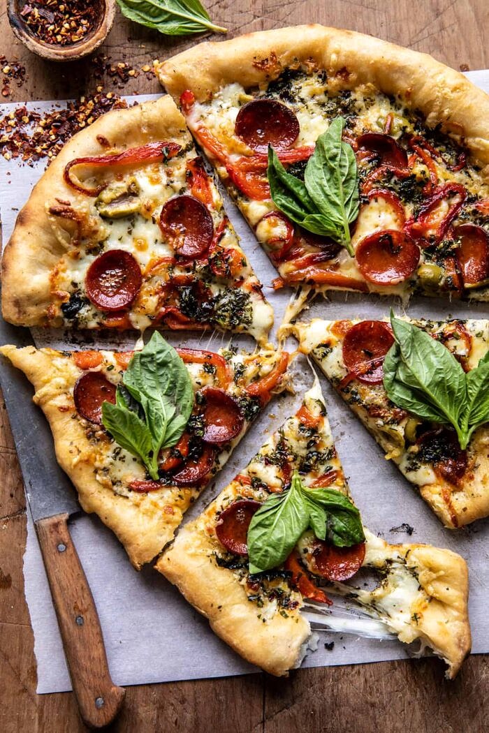 Pesto Pizza with Feta Stuffed Crust | halfbakedharvest.com