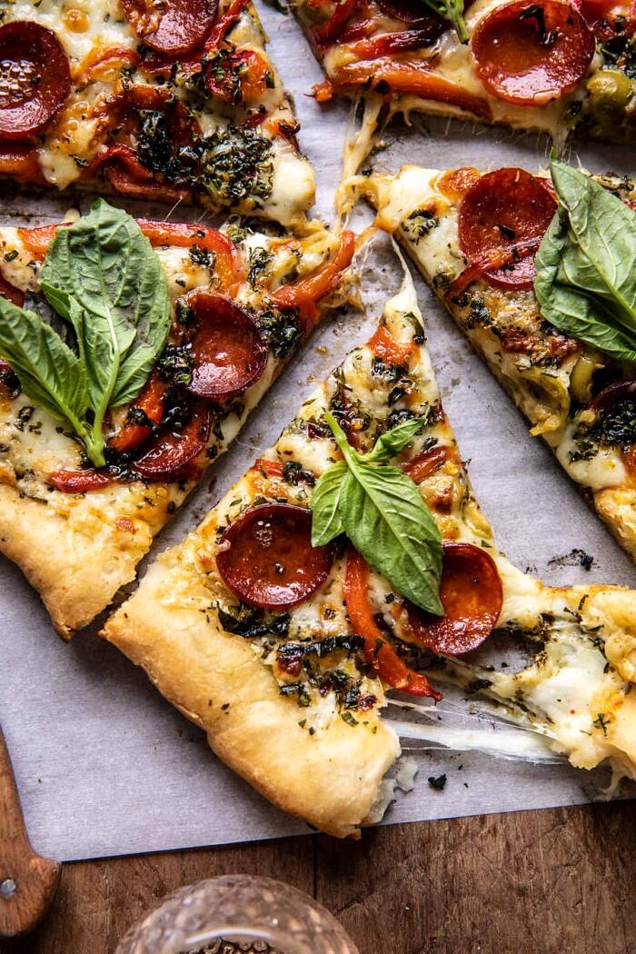 Pesto Pizza with Feta Stuffed Crust | halfbakedharvest.com