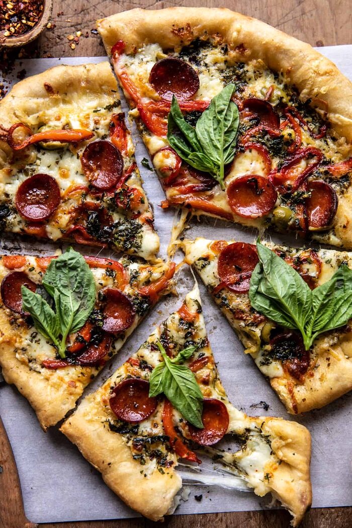 Pesto Pizza with Feta Stuffed Crust | halfbakedharvest.com