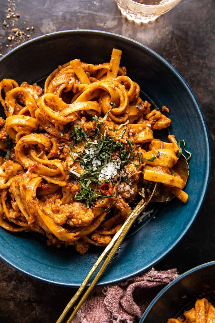 overhead photo of Roasted Cauliflower Bolognese 