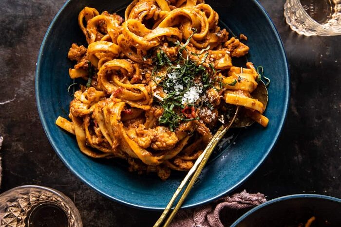overhead horizontal photo of Roasted Cauliflower Bolognese