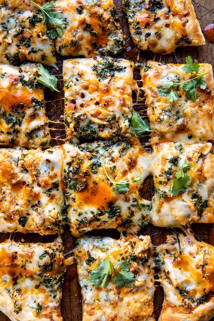 overhead close up photo of Sheet Pan Buffalo Chicken Pizza | halfbakedharvest.com