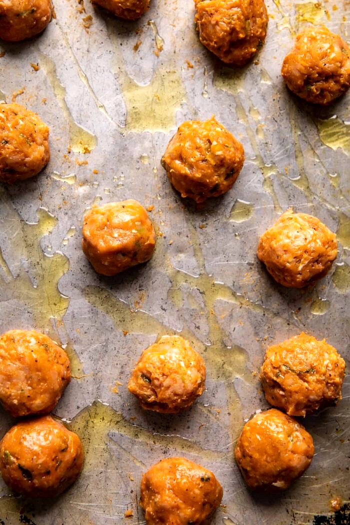 Sheet Pan Sticky Korean Chicken Meatballs | halfbakedharvest.com meatballs before baking