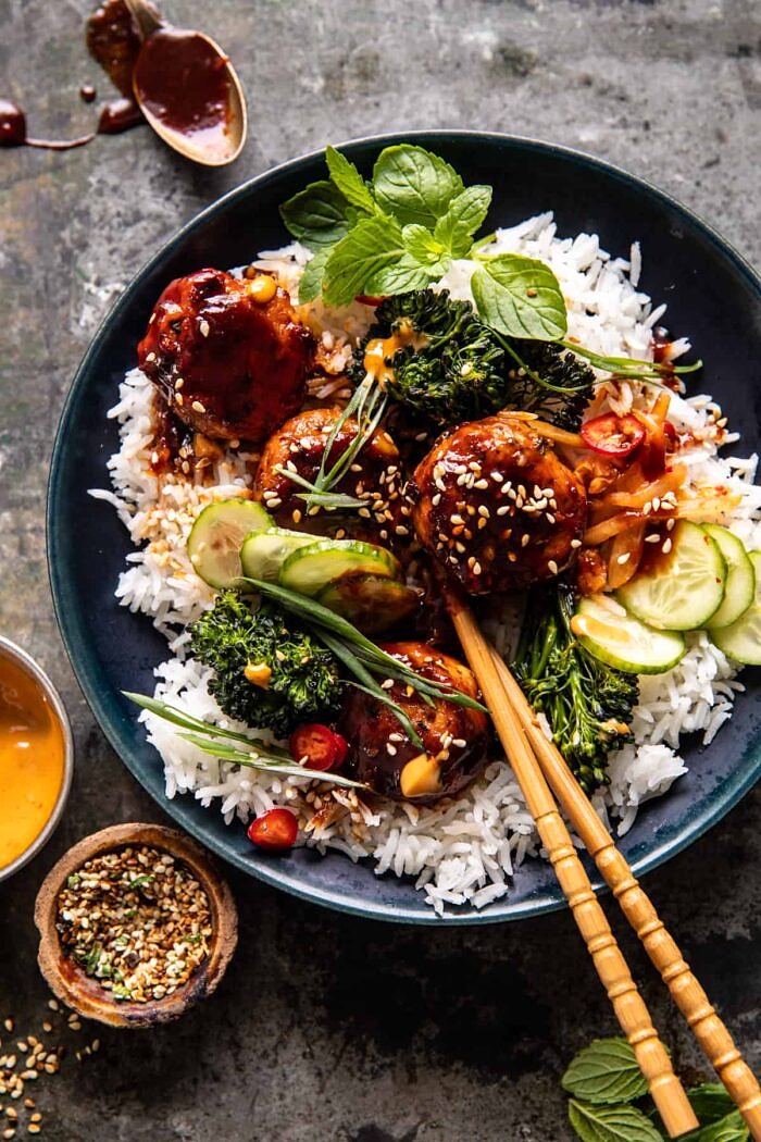 Sheet Pan Sticky Korean Chicken Meatballs | halfbakedharvest.com overhead photo of Sheet Pan Sticky Korean Chicken Meatballs